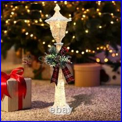 Christmas 90cm 25 LED White Glitter Lamp Post Bow Indoor Outdoor Lights Up Tall