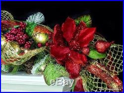 Christmas Bling Mantel Garland Magnolia red gold green prelit Custom decorated