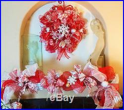 Christmas Deco Mesh LED Lit Candy Cane Wreath & Garland Buy 1 or 2 Piece Set