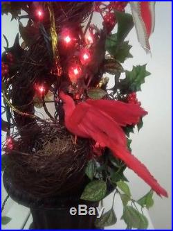 Christmas Hand Decorated Artificial Topiary With Red Lights In Black Urn