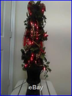 Christmas Hand Decorated Artificial Topiary With Red Lights In Black Urn