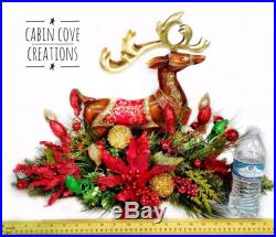 Christmas Reindeer Centerpiece Holiday Floral Arrangement red gld CUSTOM Designs