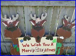 Christmas Reindeer Trio holding Merry Christmas Sign Wood Outdoor Lawn Yard Art