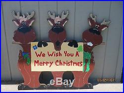 Christmas Reindeer Trio holding Merry Christmas Sign Wood Outdoor Lawn Yard Art