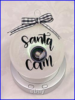 Christmas Santa Cam Lens Glitter Handmade Glass Ornament White Iridescent Green