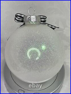 Christmas Santa Cam Lens Glitter Handmade Glass Ornament White Iridescent Green