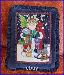 Christmas Santa Toys Needlepoint Accent Pillow Ruffled Navy Blue Velvet