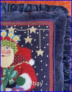 Christmas Santa Toys Needlepoint Accent Pillow Ruffled Navy Blue Velvet