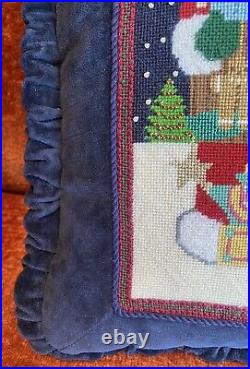Christmas Santa Toys Needlepoint Accent Pillow Ruffled Navy Blue Velvet