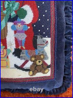 Christmas Santa Toys Needlepoint Accent Pillow Ruffled Navy Blue Velvet
