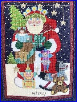 Christmas Santa Toys Needlepoint Accent Pillow Ruffled Navy Blue Velvet