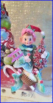 Christmas Sleigh with Large Bottle Brush Tree Knee Hugger Elf MADE TO ORDER