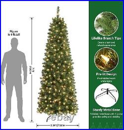 Christmas Tree 7ft Prelit Artificial Hinged Pencil with Lights Decoration for Xmas