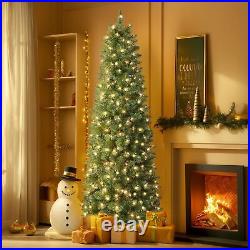 Christmas Tree 7ft Prelit Artificial Hinged Pencil with Lights Decoration for Xmas