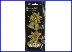 Christmas Tree Hanging Bell and Flower Decorations In Gold Double Pack