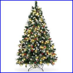 Christmas Tree with Fairy Lights Snow Flocked Pine Cones Berry Xmas Decorations