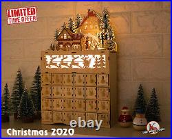 Christmas Village Wooden Advent Calendar LED Light Xmas Holiday Reindeer Decor