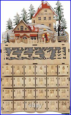 Christmas Village Wooden Advent Calendar LED Light Xmas Holiday Reindeer Decor