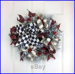 Christmas Wreath MacKenzie Childs Courtly Check Bow Handmade Multicolor Flocked