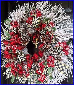 Christmas Wreath MacKenzie Childs Courtly Check Bow Handmade Multicolor Flocked