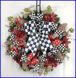 Christmas Wreath MacKenzie Childs Courtly Check Bow Handmade Multicolor Holiday