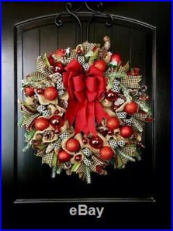 Christmas Wreath MacKenzie Childs Ribbon Burlap Pinecone Red Bow Large Holiday