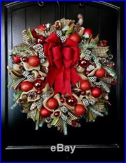 Christmas Wreath MacKenzie Childs Ribbon Burlap Pinecone Red Bow Large Holiday