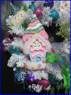 Christmas Wreath Whimsical Childrens Wreath Blue Pink Green Gingerbread Wreath