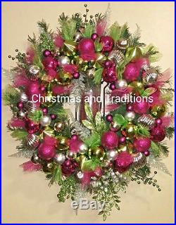 Christmas ornament wreath. Pink, green and silver sparkly Christmas