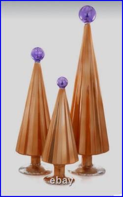 Cody Foster & Co Set of 3 Pleated Glass Trees Mango with Purple Toppers NEW