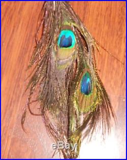 Collectors! Pair of Macys Teal Feather Peacock Bird Christmas Ornament