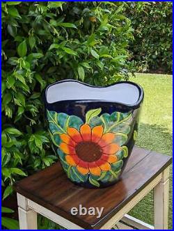 Colorful 13.5 Sunflower Pot, Talavera Ceramic Planter, Handmade Pottery