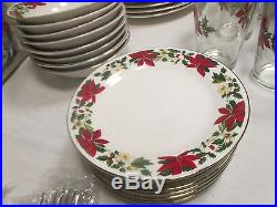Complete 88 Piece Gibson Poinsettia Dinnerware Plates Cups Flatware Christmas