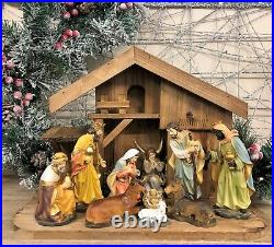 Complete Wooden Stable Nativity Scene with Large Fixed Figures