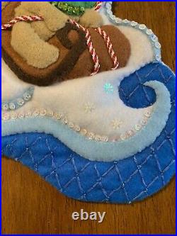 Completed Design Works Felt Christmas Stocking Hand Stitched Sledding Teddies
