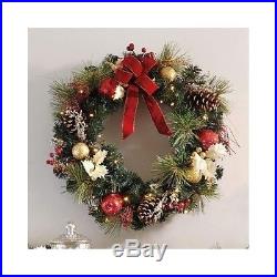 Cordless Warm Led Lights Wreath Pine Cone Red Gold Ornament Christmas Decoration