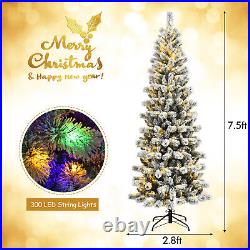 Costway 7.5FT Pre-Lit Hinged Christmas Tree Snow Flocked withRemote Control Lights