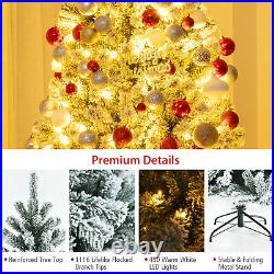 Costway 7' Pre-lit Snow Flocked Hinged Christmas Tree with1116 Tips & Metal Stand
