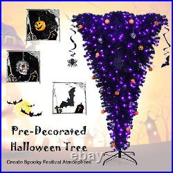 Costway 7' Upside Down Christmas Halloween Tree Black with400 Purple LED Lights