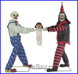 Creepy ANIMATED TUG OF WAR CLOWNS with KID Red Black Halloween Prop Decoration