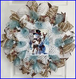 Cuddling Snowman Winter Wreath Handmade Deco Mesh