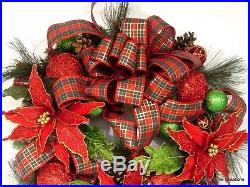 Custom Christmas Wreath Jumbo Poinsettias Tartan Plaid Traditional Beauty