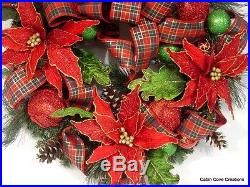Custom Christmas Wreath Jumbo Poinsettias Tartan Plaid Traditional Beauty