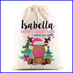 Cute pink girl Christmas reindeer Santa sack stocking gift bag, personalised bag