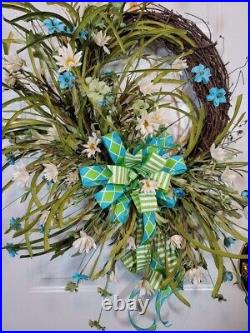 Daisy & Wild Flower Wreath, White Daisy Grapevine Wreath Spring Farmhouse Floral
