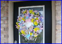 Darling Yellow floral Garden Gnome Spring Deco Mesh Front Door Wreath Home Decor