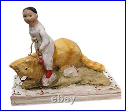 Debbee Thibault Girl On Orange Tabby Cat Wagon Limited Edition Folk Art