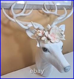 December Diamonds White Deer Head Mount with Magnolia Decor Christmas Holiday