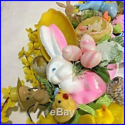 EASTER WREATH w True Vtg Rabbit Bunny Chick Eggs Flowers OOAK Door Decoration
