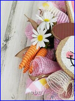 Easter Bunny Deco Mesh Wreath for Front Door, Spring Deco Mesh Floral Wreath